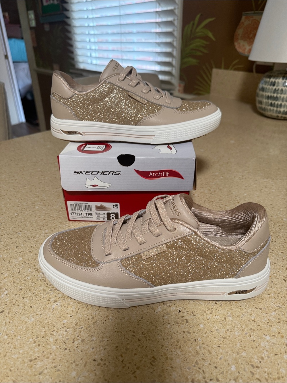 Skechers Women’s Glitter Lace-Up Sneaker — Beige